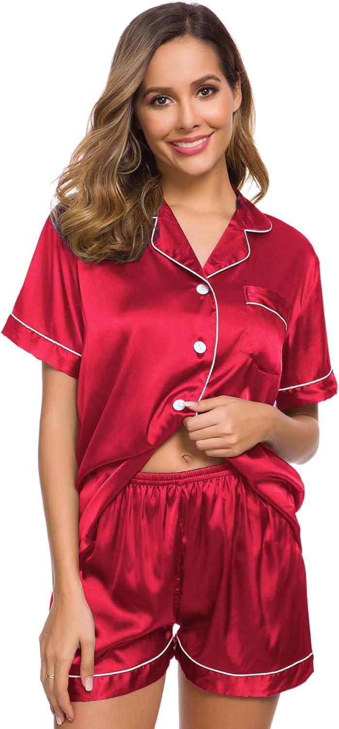 imageSWOMOG Womens Silk Satin Pajamas Set Short Sleeve Sleepwear Button Down Top and Shorts Loungewear 2 Piece Pjs Set XS3XLRed
