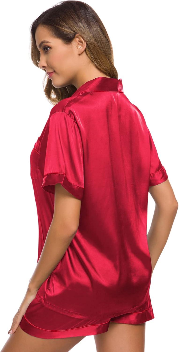 imageSWOMOG Womens Silk Satin Pajamas Set Short Sleeve Sleepwear Button Down Top and Shorts Loungewear 2 Piece Pjs Set XS3XLRed Solid