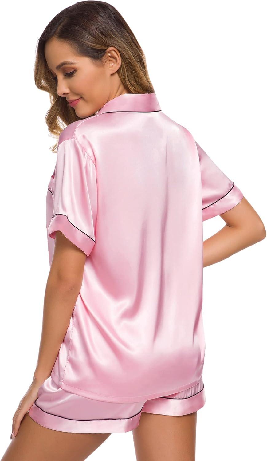 imageSWOMOG Womens Silk Satin Pajamas Set Short Sleeve Sleepwear Button Down Top and Shorts Loungewear 2 Piece Pjs Set XS3XLRose Pink