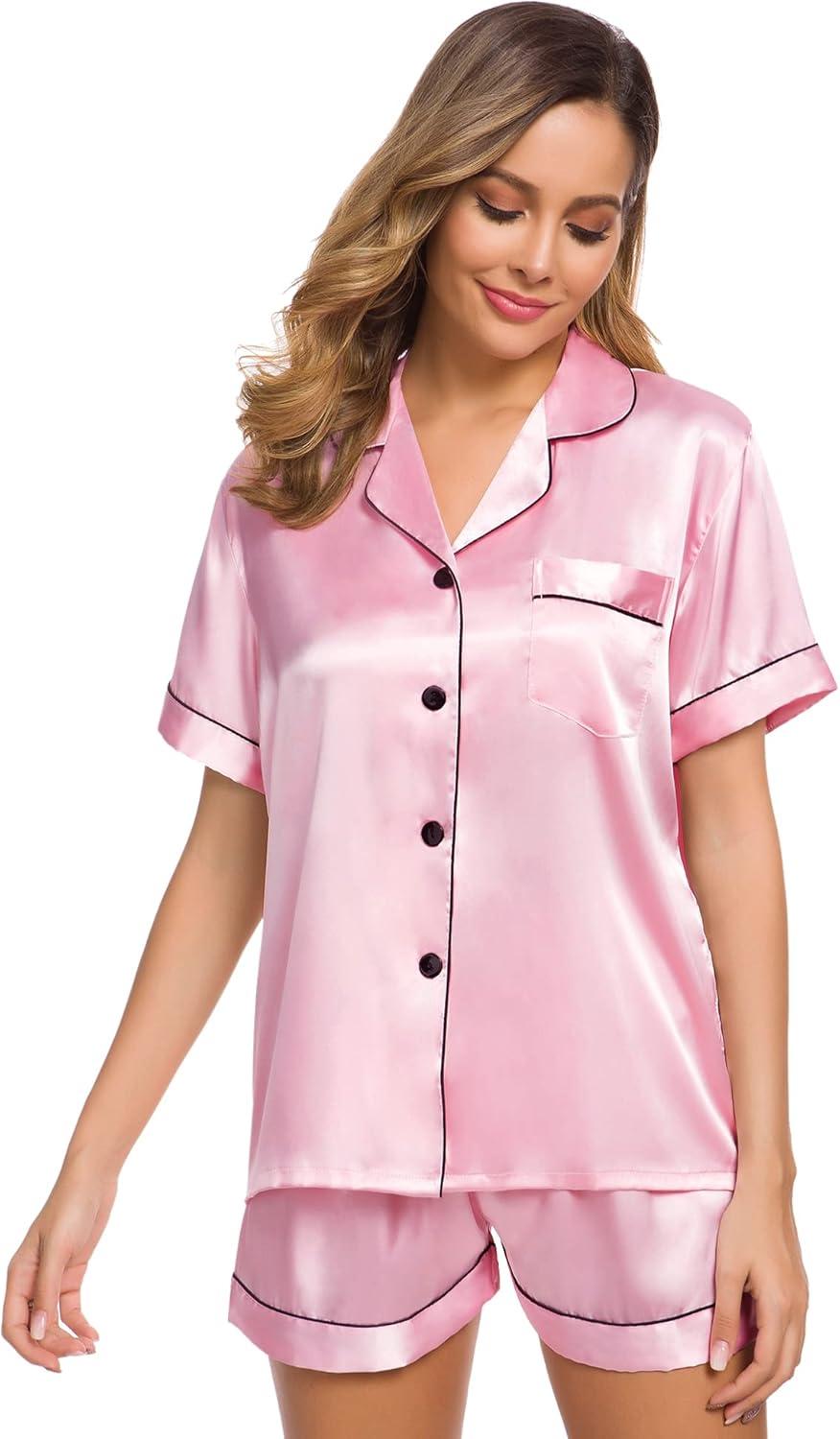 imageSWOMOG Womens Silk Satin Pajamas Set Short Sleeve Sleepwear Button Down Top and Shorts Loungewear 2 Piece Pjs Set XS3XLRose Pink