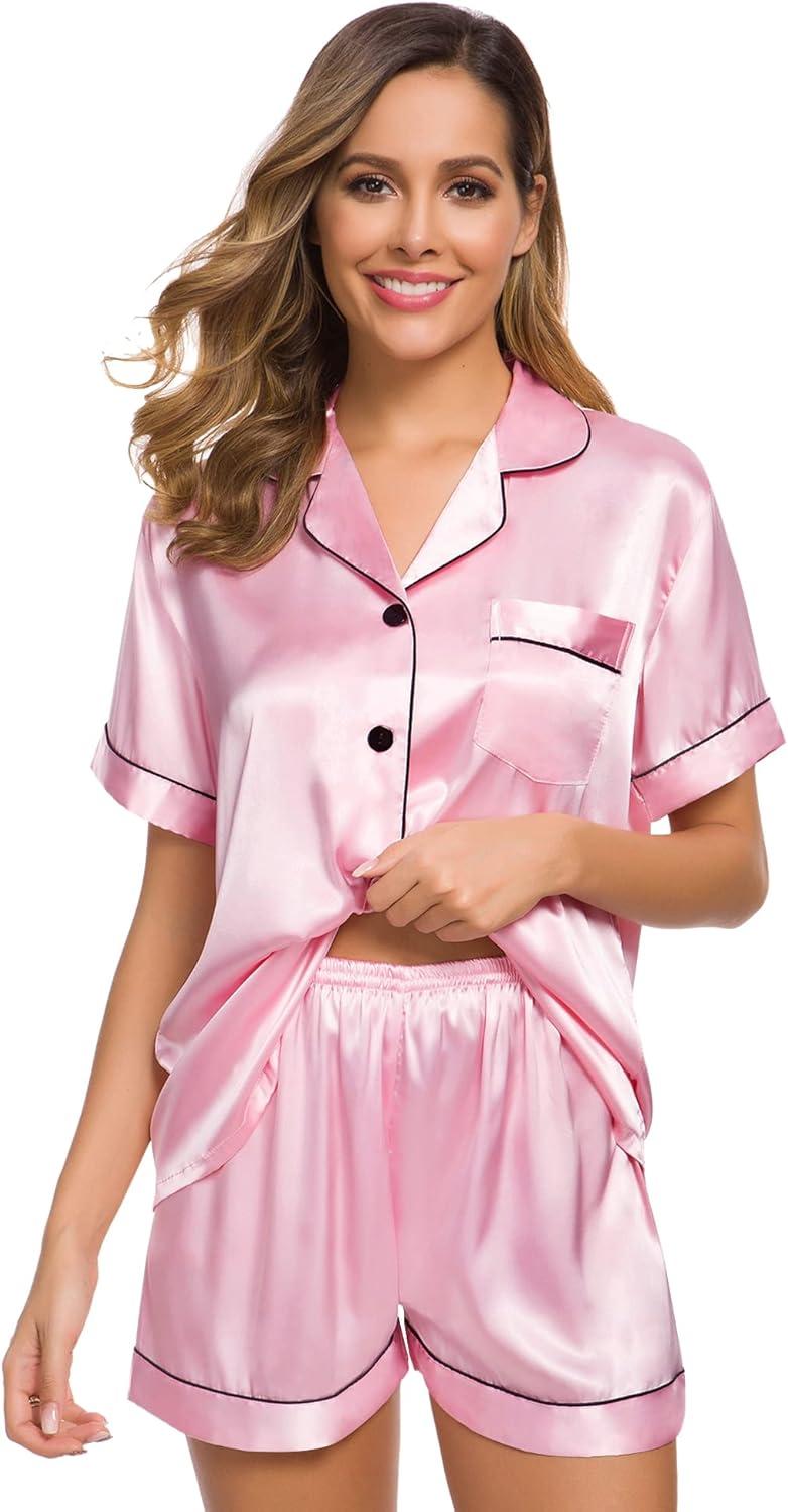 imageSWOMOG Womens Silk Satin Pajamas Set Short Sleeve Sleepwear Button Down Top and Shorts Loungewear 2 Piece Pjs Set XS3XLRose Pink