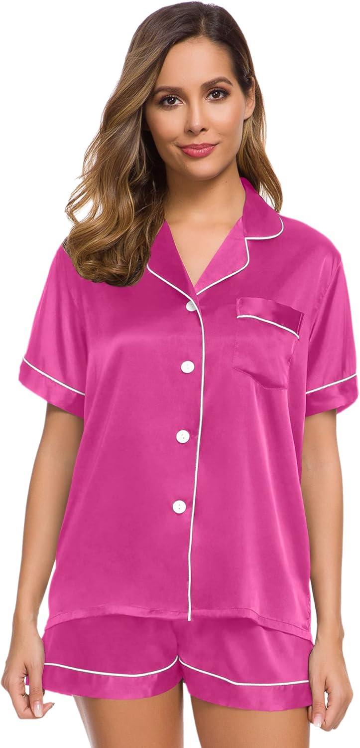 imageSWOMOG Womens Silk Satin Pajamas Set Short Sleeve Sleepwear Button Down Top and Shorts Loungewear 2 Piece Pjs Set XS3XLRose Red