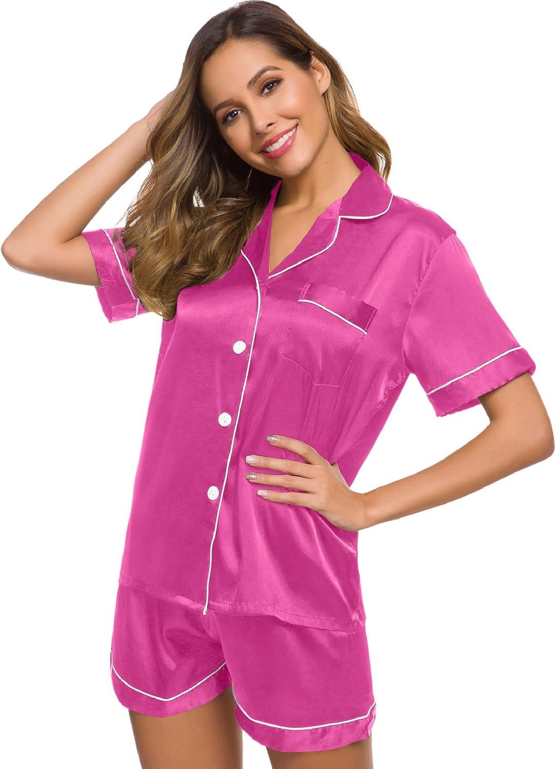imageSWOMOG Womens Silk Satin Pajamas Set Short Sleeve Sleepwear Button Down Top and Shorts Loungewear 2 Piece Pjs Set XS3XLRose Red