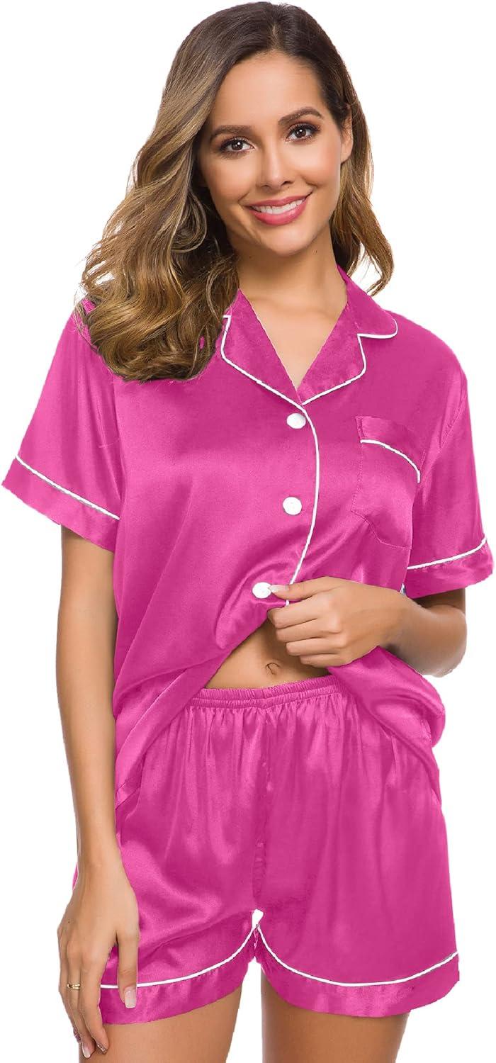 imageSWOMOG Womens Silk Satin Pajamas Set Short Sleeve Sleepwear Button Down Top and Shorts Loungewear 2 Piece Pjs Set XS3XLRose Red