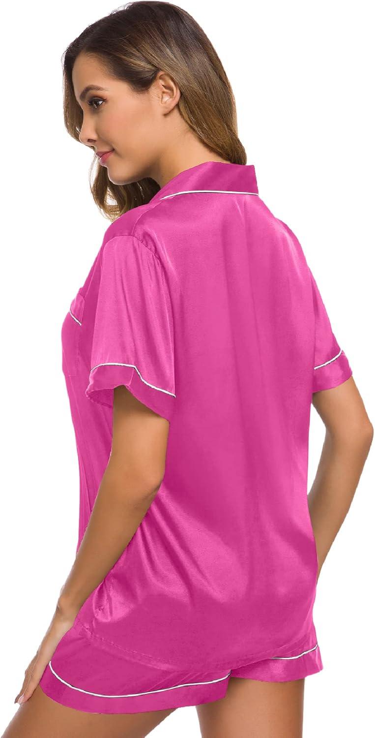 imageSWOMOG Womens Silk Satin Pajamas Set Short Sleeve Sleepwear Button Down Top and Shorts Loungewear 2 Piece Pjs Set XS3XLRose Red