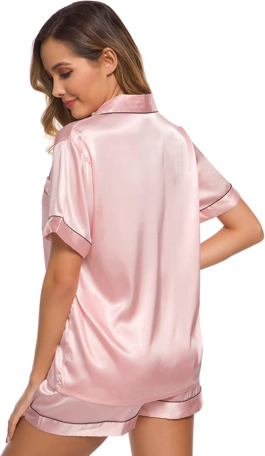 imageSWOMOG Womens Silk Satin Pajamas Set Short Sleeve Sleepwear Button Down Top and Shorts Loungewear 2 Piece Pjs Set XS3XLSakura Pink