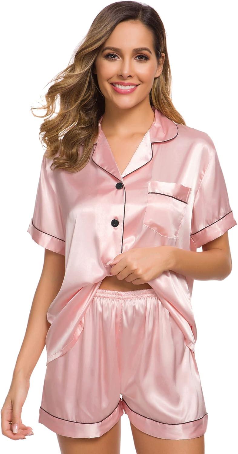 imageSWOMOG Womens Silk Satin Pajamas Set Short Sleeve Sleepwear Button Down Top and Shorts Loungewear 2 Piece Pjs Set XS3XLSakura Pink