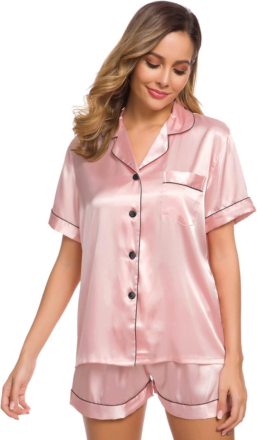 imageSWOMOG Womens Silk Satin Pajamas Set Short Sleeve Sleepwear Button Down Top and Shorts Loungewear 2 Piece Pjs Set XS3XLSakura Pink