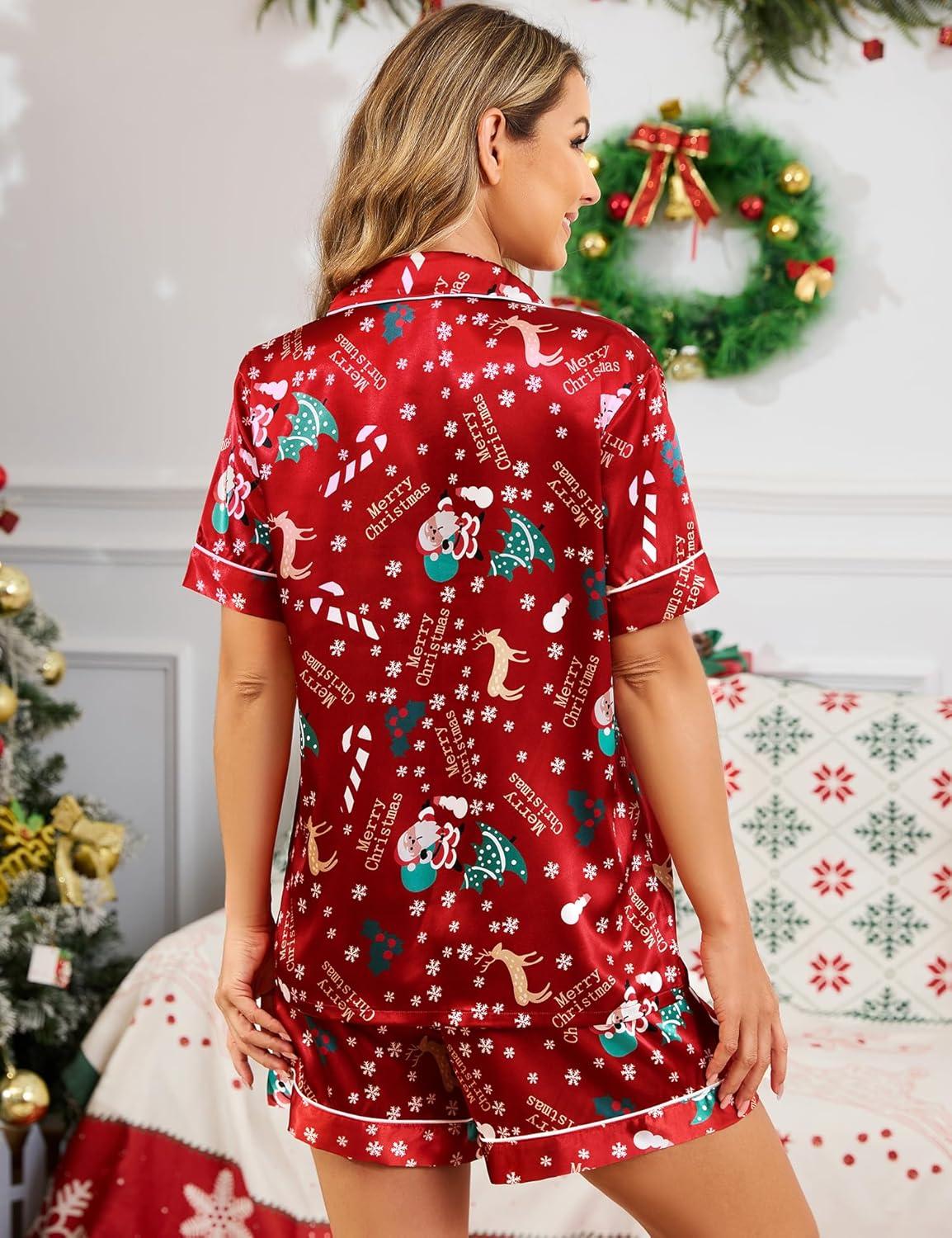 imageSWOMOG Womens Silk Satin Pajamas Set Short Sleeve Sleepwear Button Down Top and Shorts Loungewear 2 Piece Pjs Set XS3XLSantas Red Festive Print
