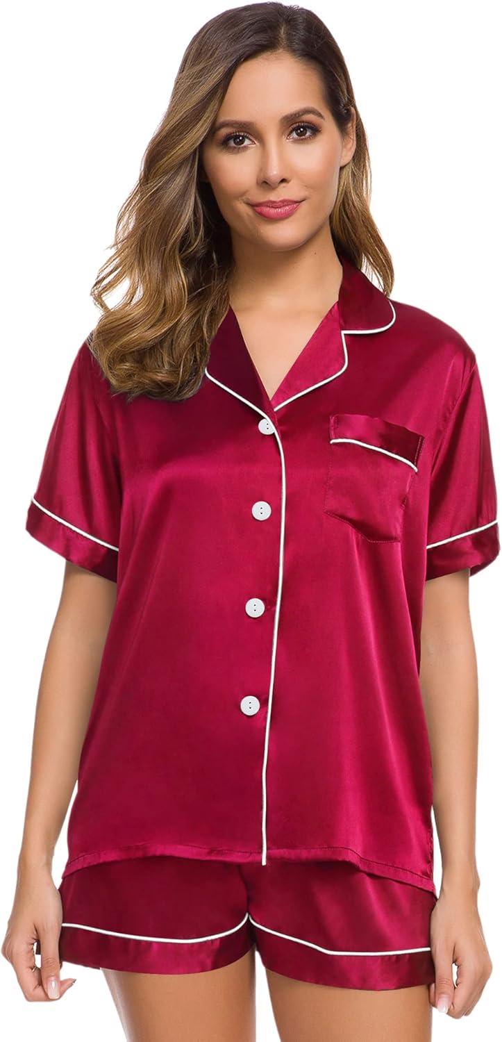 imageSWOMOG Womens Silk Satin Pajamas Set Short Sleeve Sleepwear Button Down Top and Shorts Loungewear 2 Piece Pjs Set XS3XLScarlet Red
