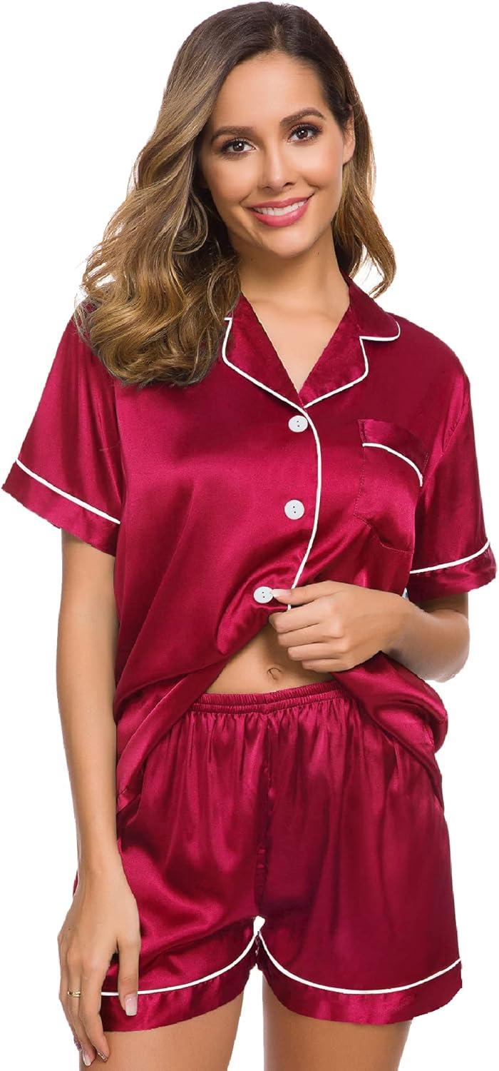 imageSWOMOG Womens Silk Satin Pajamas Set Short Sleeve Sleepwear Button Down Top and Shorts Loungewear 2 Piece Pjs Set XS3XLScarlet Red