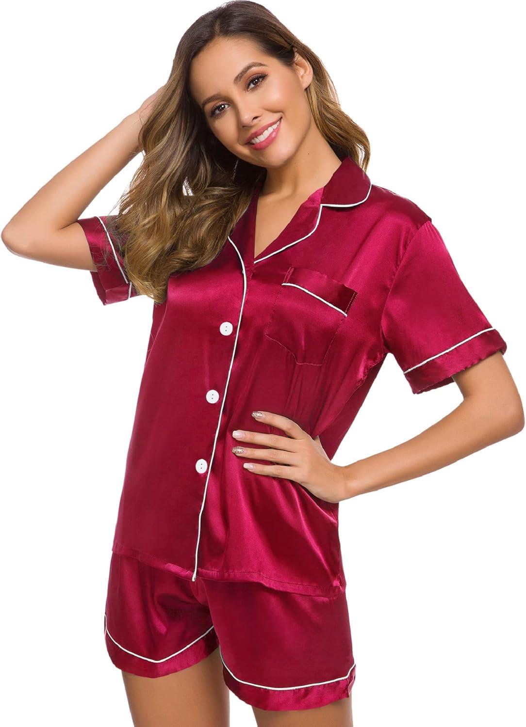 imageSWOMOG Womens Silk Satin Pajamas Set Short Sleeve Sleepwear Button Down Top and Shorts Loungewear 2 Piece Pjs Set XS3XLScarlet Red