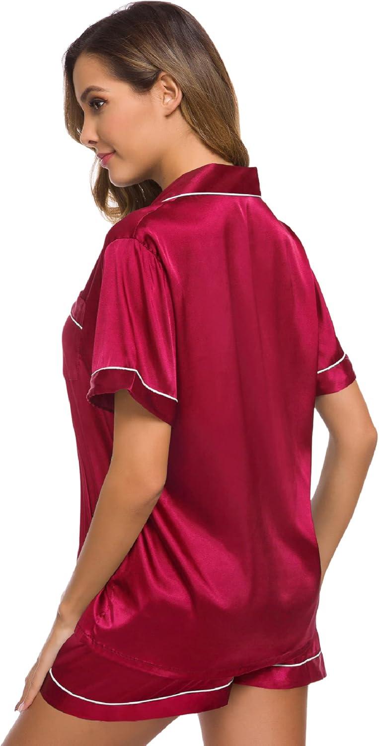 imageSWOMOG Womens Silk Satin Pajamas Set Short Sleeve Sleepwear Button Down Top and Shorts Loungewear 2 Piece Pjs Set XS3XLScarlet Red