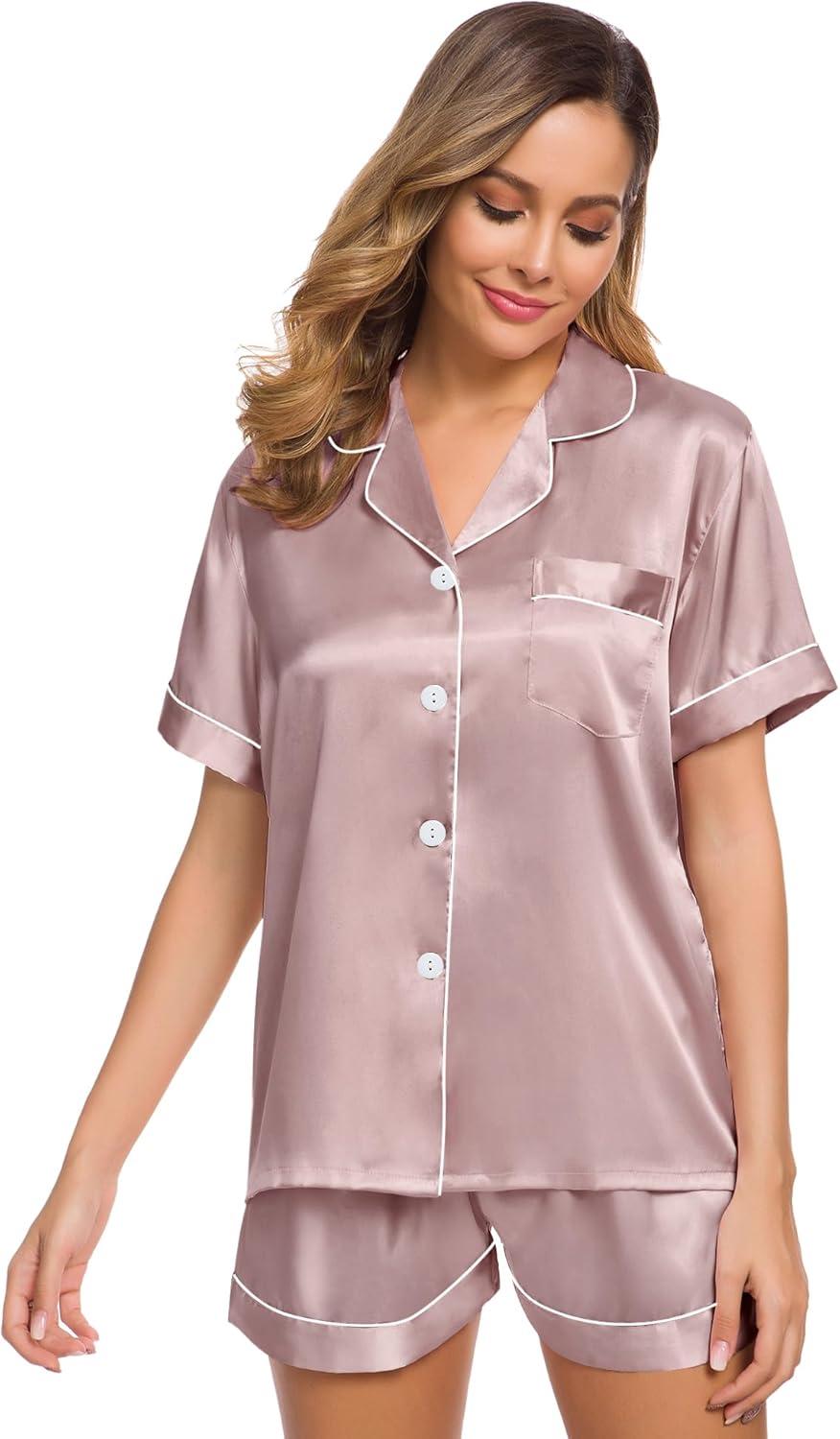 imageSWOMOG Womens Silk Satin Pajamas Set Short Sleeve Sleepwear Button Down Top and Shorts Loungewear 2 Piece Pjs Set XS3XLShimmering Blush