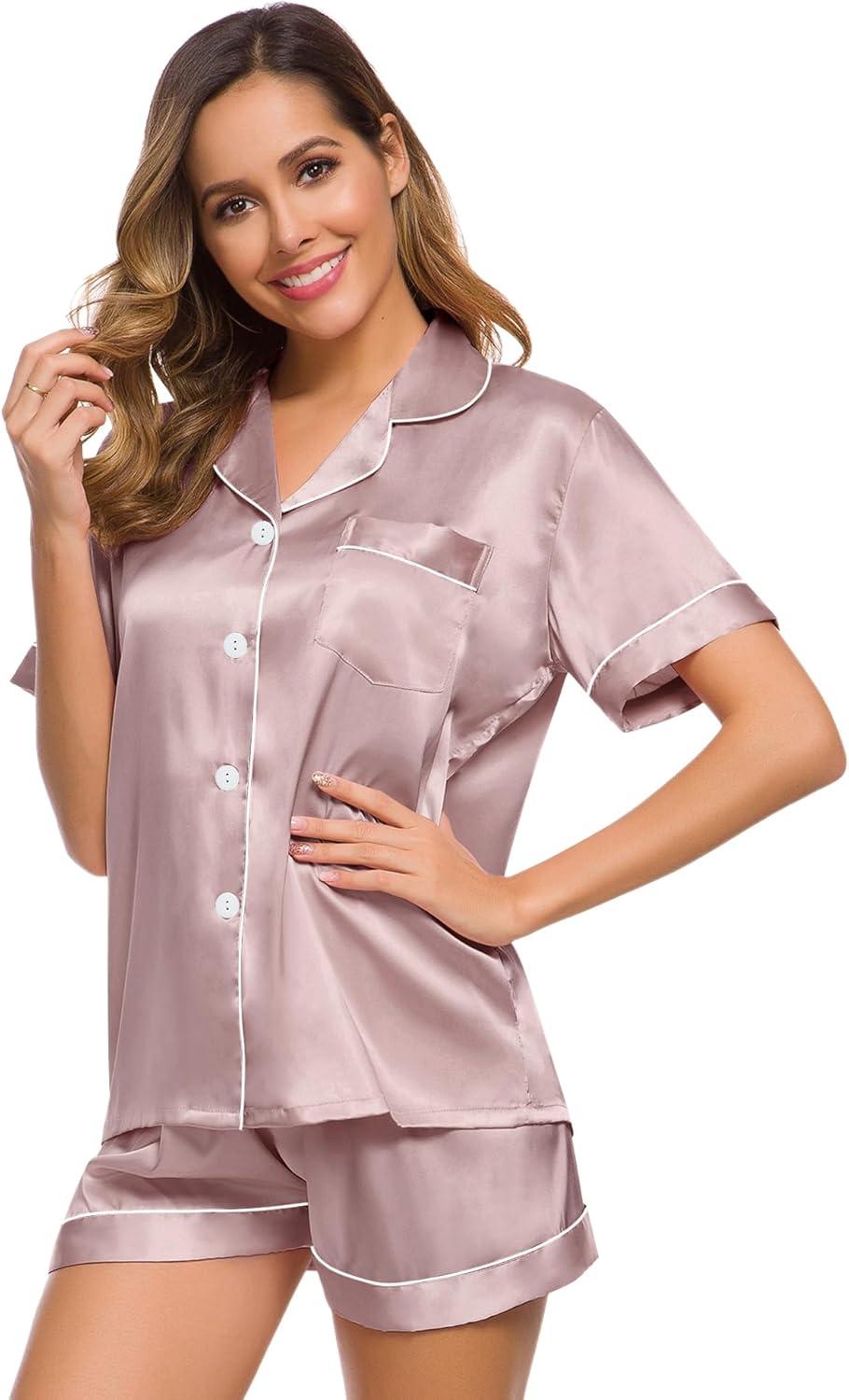 imageSWOMOG Womens Silk Satin Pajamas Set Short Sleeve Sleepwear Button Down Top and Shorts Loungewear 2 Piece Pjs Set XS3XLShimmering Blush