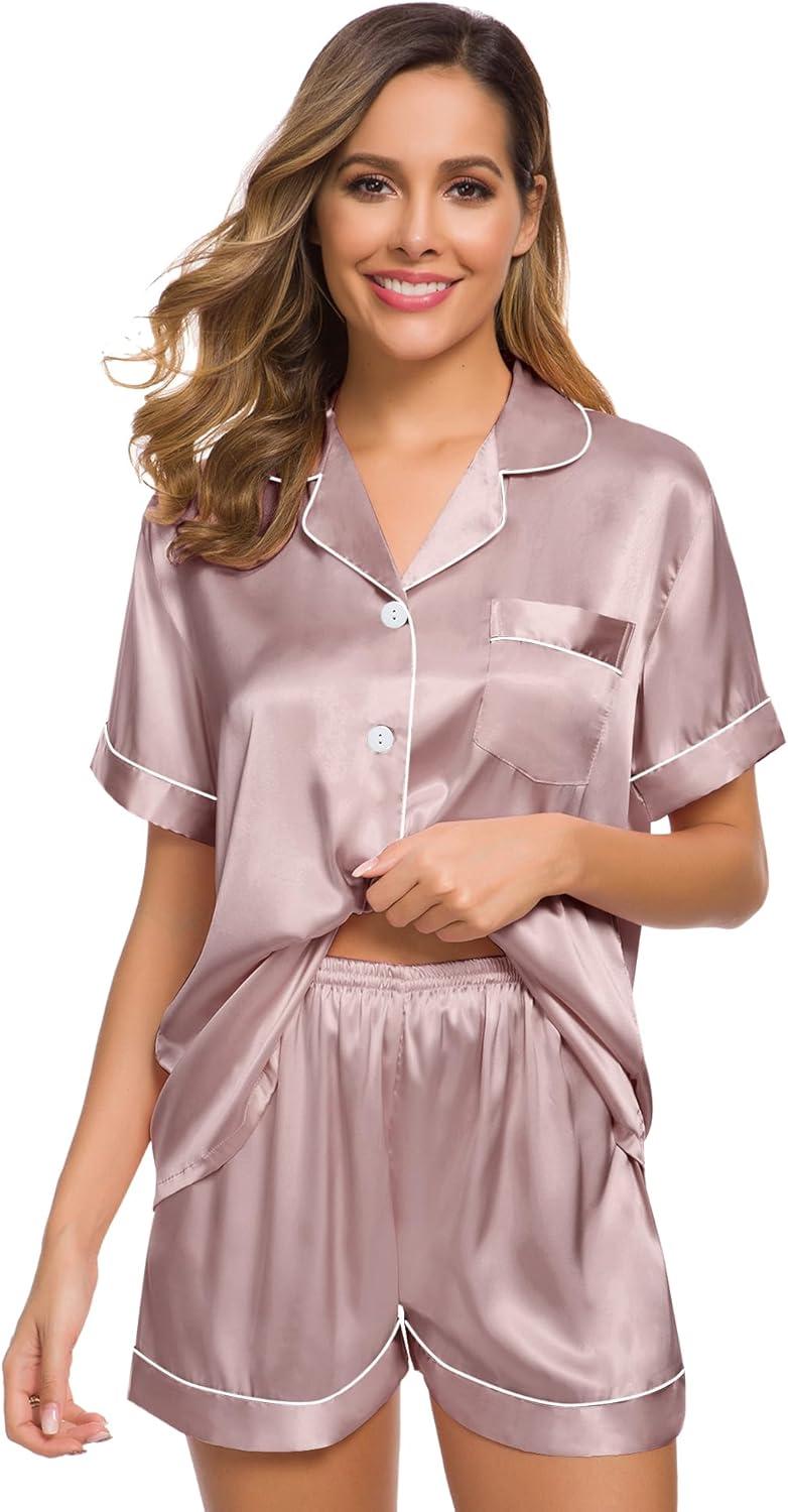 imageSWOMOG Womens Silk Satin Pajamas Set Short Sleeve Sleepwear Button Down Top and Shorts Loungewear 2 Piece Pjs Set XS3XLShimmering Blush