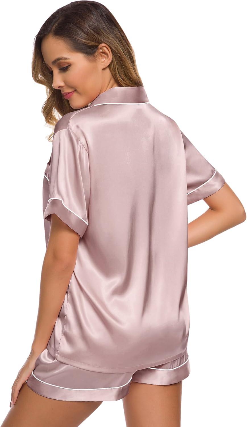 imageSWOMOG Womens Silk Satin Pajamas Set Short Sleeve Sleepwear Button Down Top and Shorts Loungewear 2 Piece Pjs Set XS3XLShimmering Blush