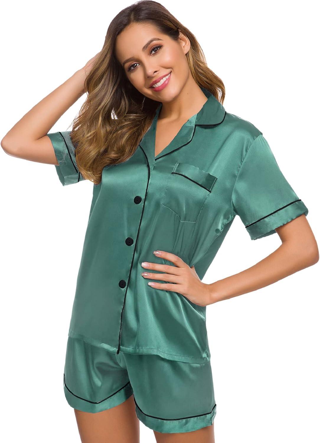 imageSWOMOG Womens Silk Satin Pajamas Set Short Sleeve Sleepwear Button Down Top and Shorts Loungewear 2 Piece Pjs Set XS3XLSmog Green