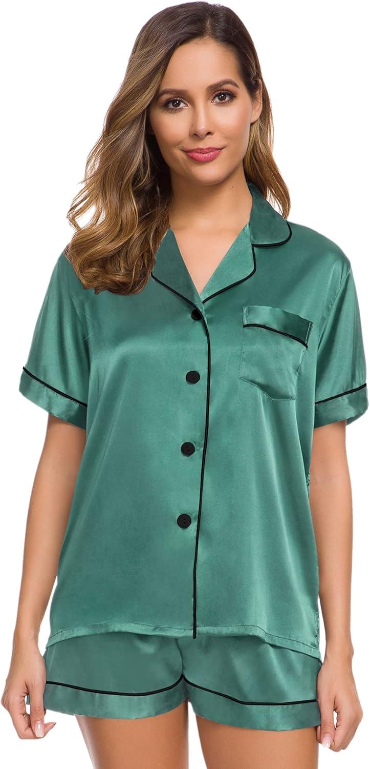 imageSWOMOG Womens Silk Satin Pajamas Set Short Sleeve Sleepwear Button Down Top and Shorts Loungewear 2 Piece Pjs Set XS3XLSmog Green