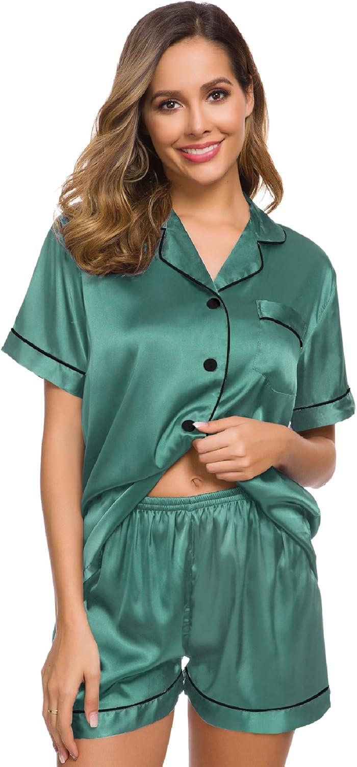 imageSWOMOG Womens Silk Satin Pajamas Set Short Sleeve Sleepwear Button Down Top and Shorts Loungewear 2 Piece Pjs Set XS3XLSmog Green