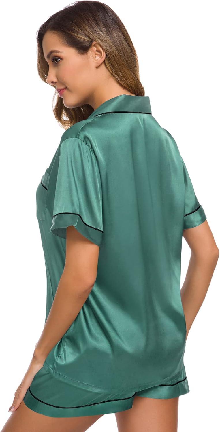imageSWOMOG Womens Silk Satin Pajamas Set Short Sleeve Sleepwear Button Down Top and Shorts Loungewear 2 Piece Pjs Set XS3XLSmog Green