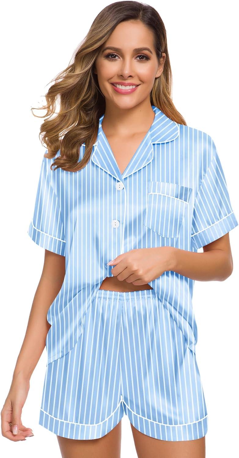 imageSWOMOG Womens Silk Satin Pajamas Set Short Sleeve Sleepwear Button Down Top and Shorts Loungewear 2 Piece Pjs Set XS3XLStriped Blue