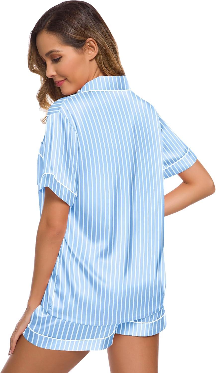 imageSWOMOG Womens Silk Satin Pajamas Set Short Sleeve Sleepwear Button Down Top and Shorts Loungewear 2 Piece Pjs Set XS3XLStriped Blue