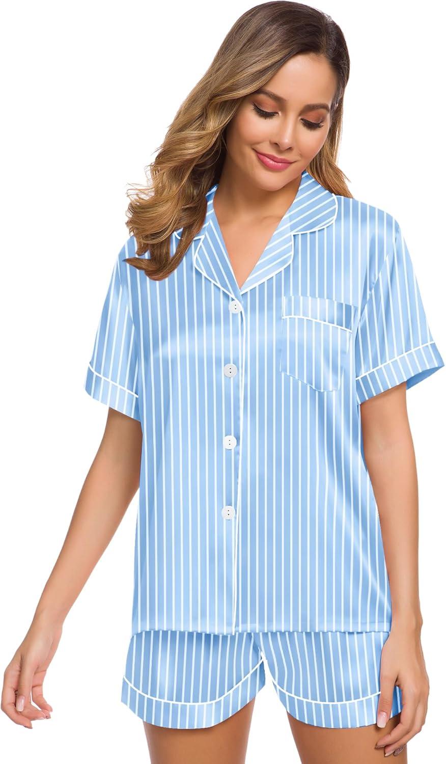 imageSWOMOG Womens Silk Satin Pajamas Set Short Sleeve Sleepwear Button Down Top and Shorts Loungewear 2 Piece Pjs Set XS3XLStriped Blue