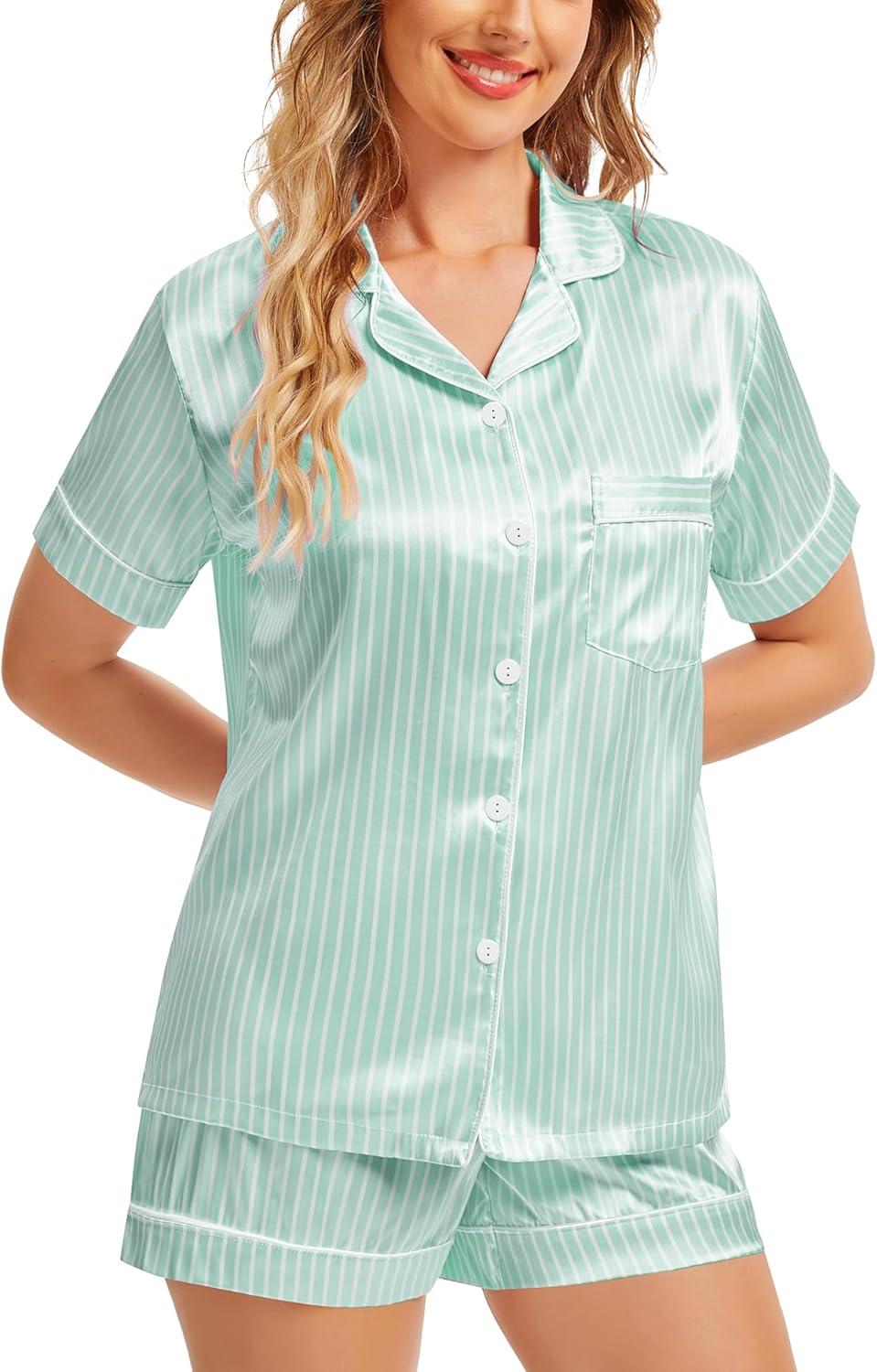 imageSWOMOG Womens Silk Satin Pajamas Set Short Sleeve Sleepwear Button Down Top and Shorts Loungewear 2 Piece Pjs Set XS3XLStriped Green