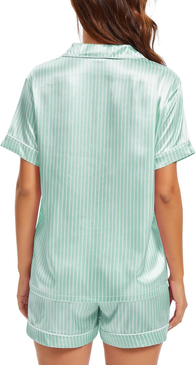 imageSWOMOG Womens Silk Satin Pajamas Set Short Sleeve Sleepwear Button Down Top and Shorts Loungewear 2 Piece Pjs Set XS3XLStriped Green