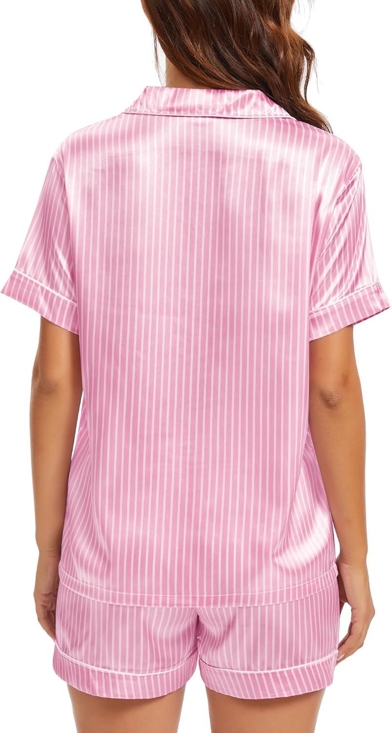 imageSWOMOG Womens Silk Satin Pajamas Set Short Sleeve Sleepwear Button Down Top and Shorts Loungewear 2 Piece Pjs Set XS3XLStriped Pink