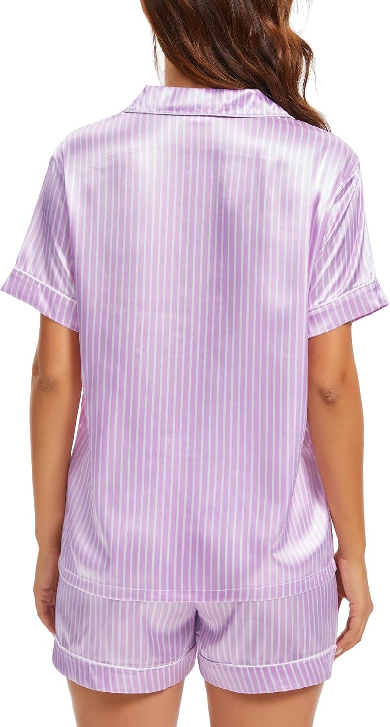 imageSWOMOG Womens Silk Satin Pajamas Set Short Sleeve Sleepwear Button Down Top and Shorts Loungewear 2 Piece Pjs Set XS3XLStriped Purple
