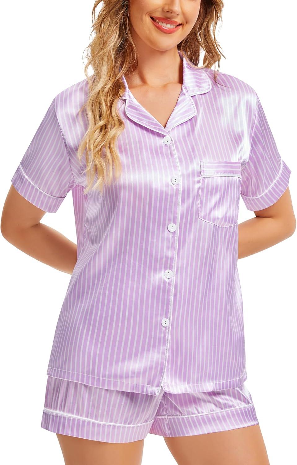 imageSWOMOG Womens Silk Satin Pajamas Set Short Sleeve Sleepwear Button Down Top and Shorts Loungewear 2 Piece Pjs Set XS3XLStriped Purple