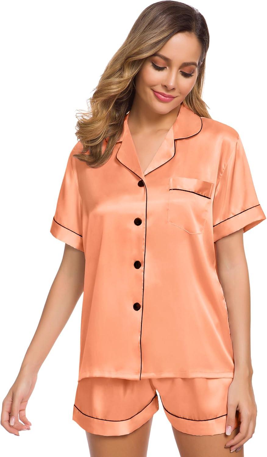 imageSWOMOG Womens Silk Satin Pajamas Set Short Sleeve Sleepwear Button Down Top and Shorts Loungewear 2 Piece Pjs Set XS3XLVivid Tangerine