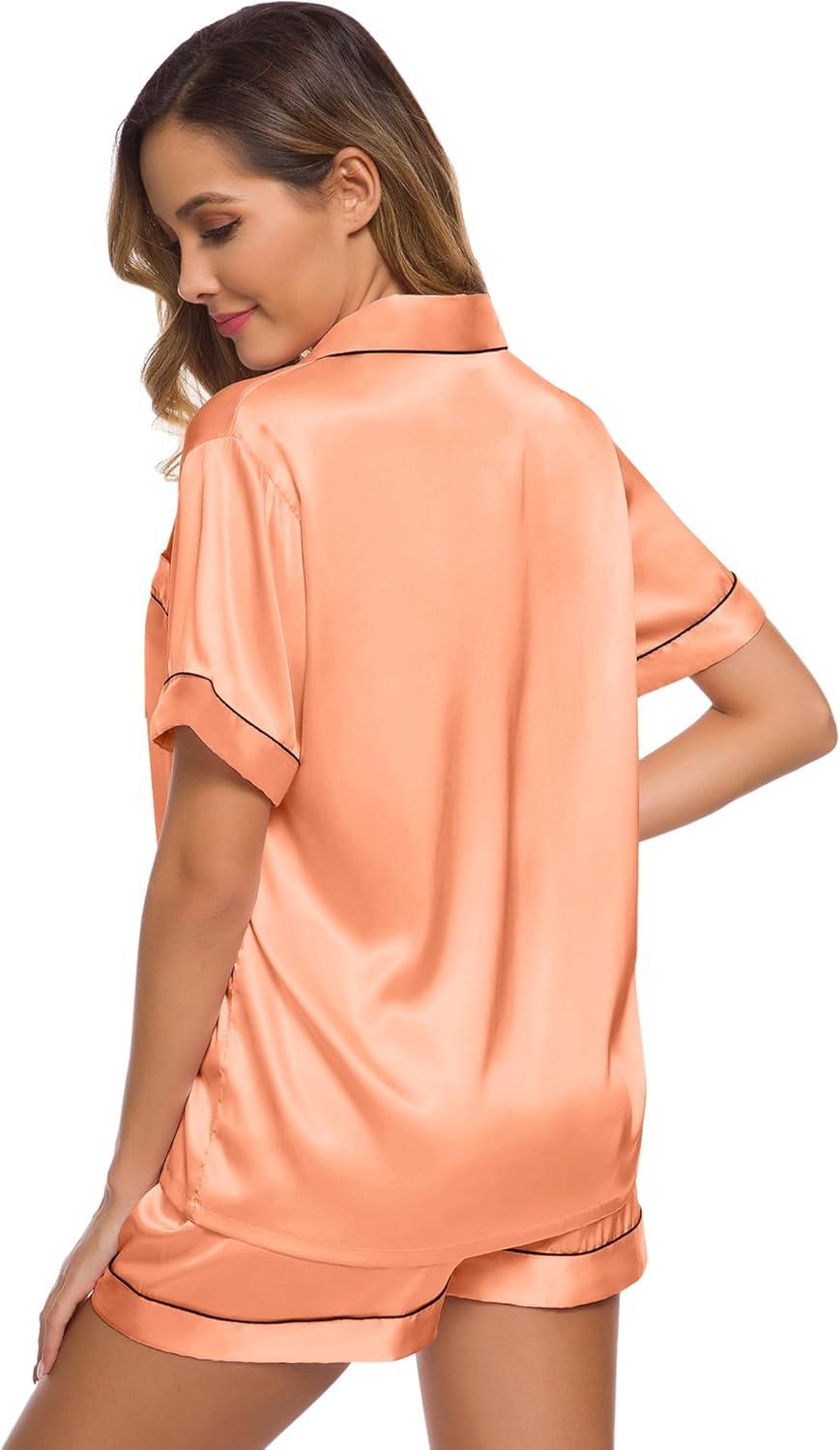 imageSWOMOG Womens Silk Satin Pajamas Set Short Sleeve Sleepwear Button Down Top and Shorts Loungewear 2 Piece Pjs Set XS3XLVivid Tangerine