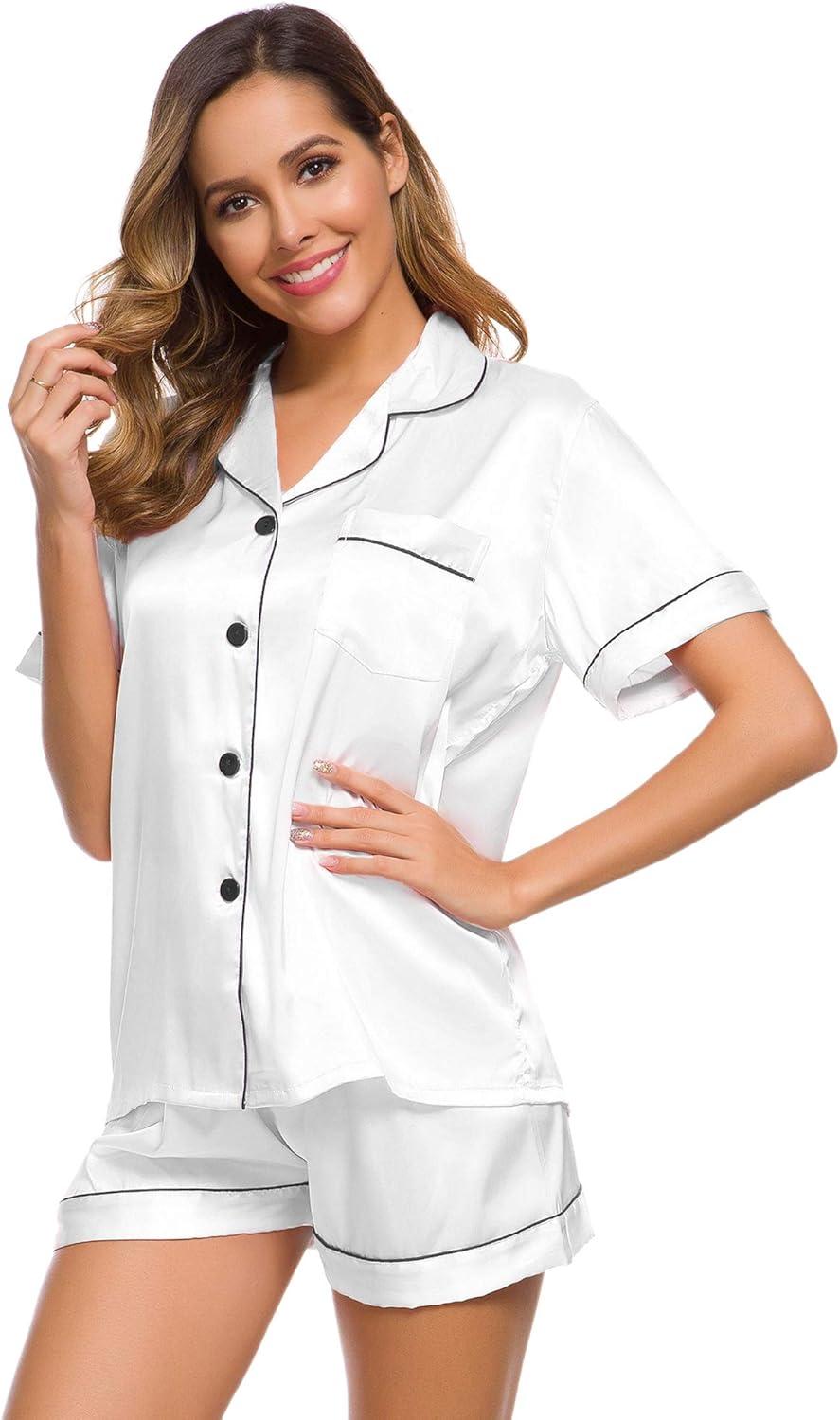 imageSWOMOG Womens Silk Satin Pajamas Set Short Sleeve Sleepwear Button Down Top and Shorts Loungewear 2 Piece Pjs Set XS3XLWhite