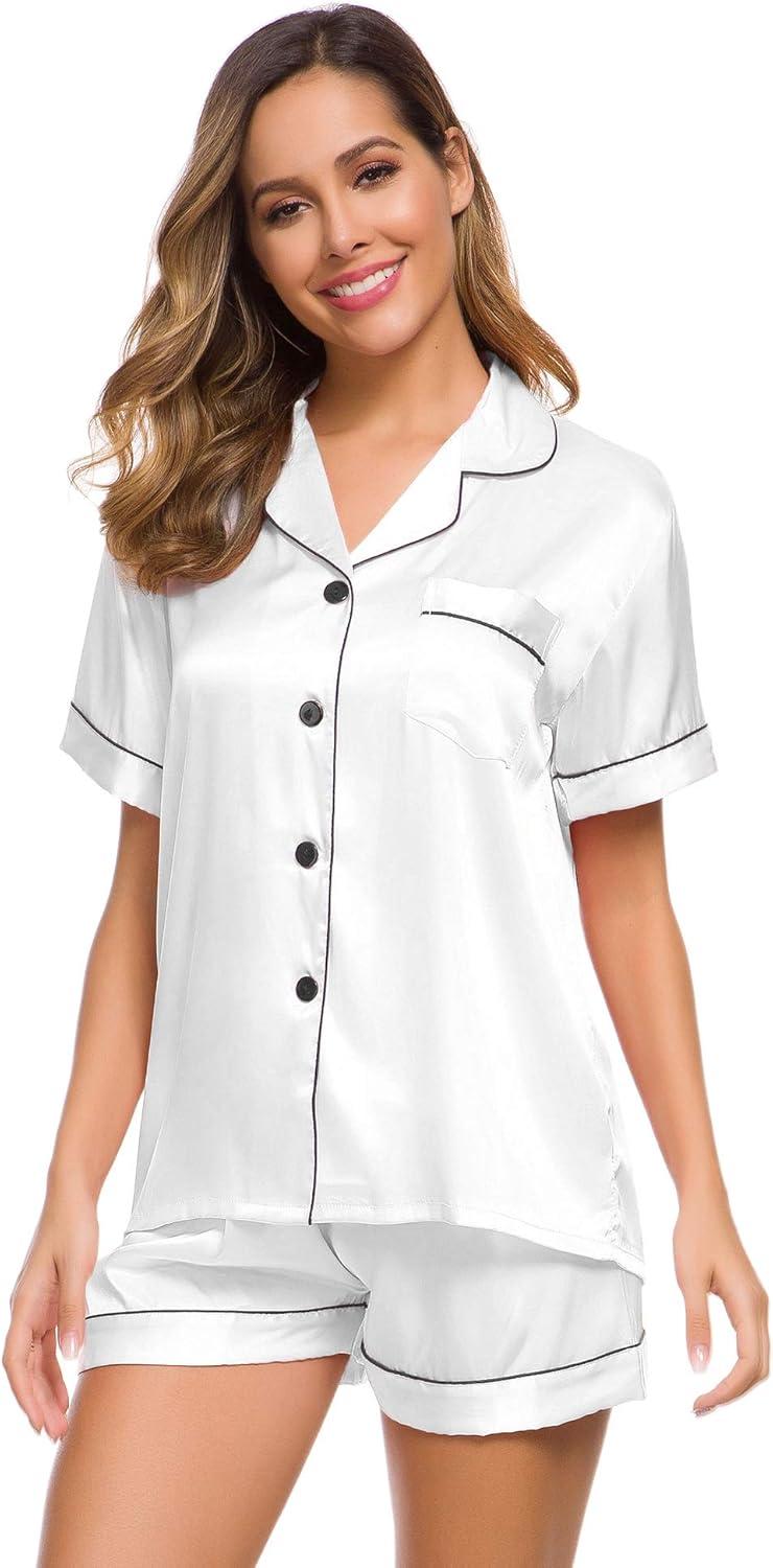 imageSWOMOG Womens Silk Satin Pajamas Set Short Sleeve Sleepwear Button Down Top and Shorts Loungewear 2 Piece Pjs Set XS3XLWhite