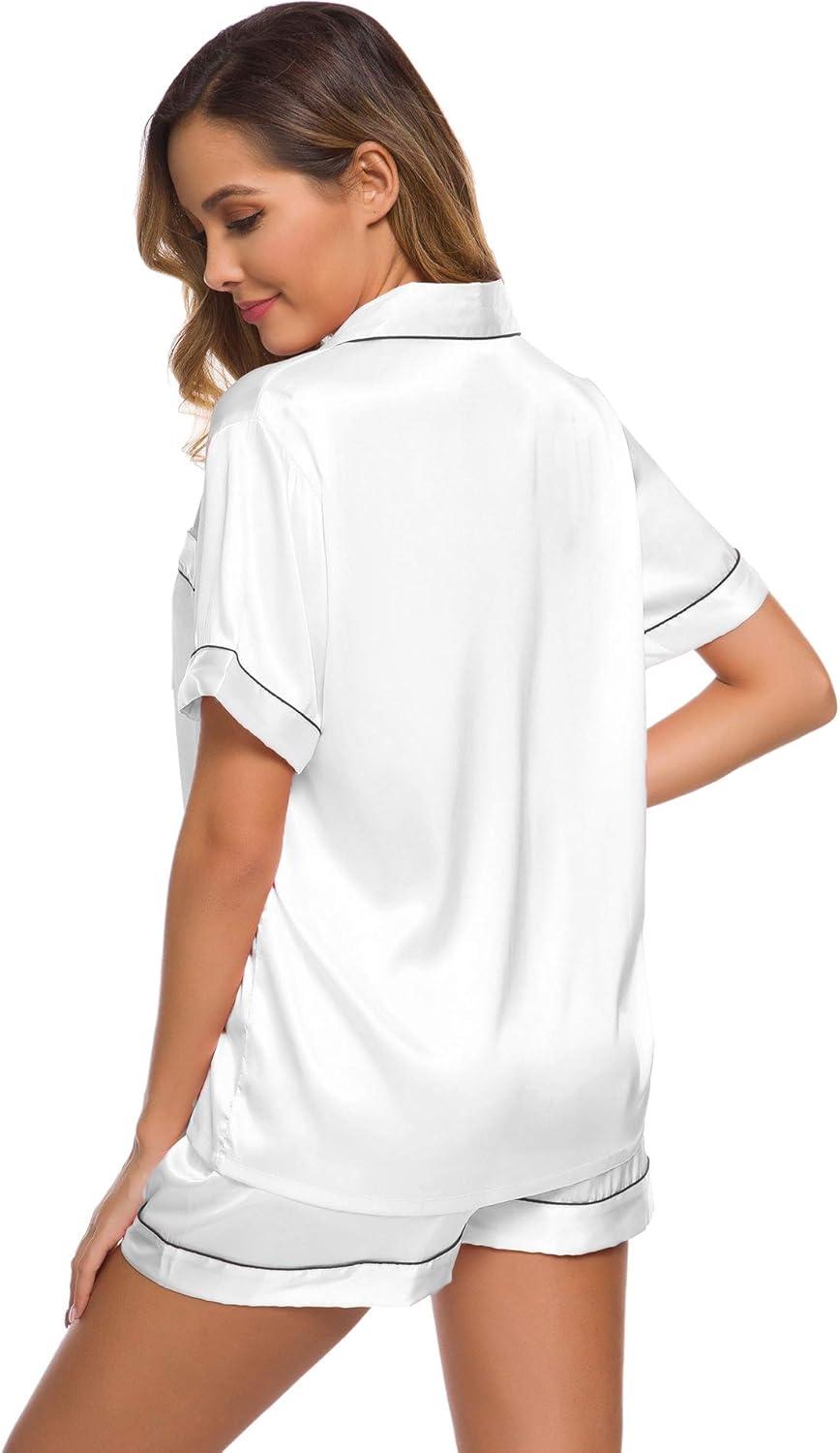 imageSWOMOG Womens Silk Satin Pajamas Set Short Sleeve Sleepwear Button Down Top and Shorts Loungewear 2 Piece Pjs Set XS3XLWhite