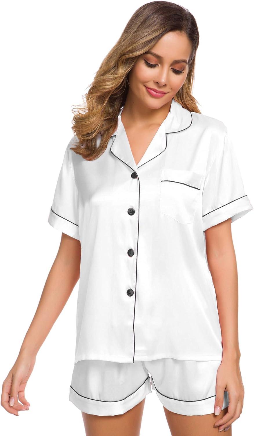 imageSWOMOG Womens Silk Satin Pajamas Set Short Sleeve Sleepwear Button Down Top and Shorts Loungewear 2 Piece Pjs Set XS3XLWhite