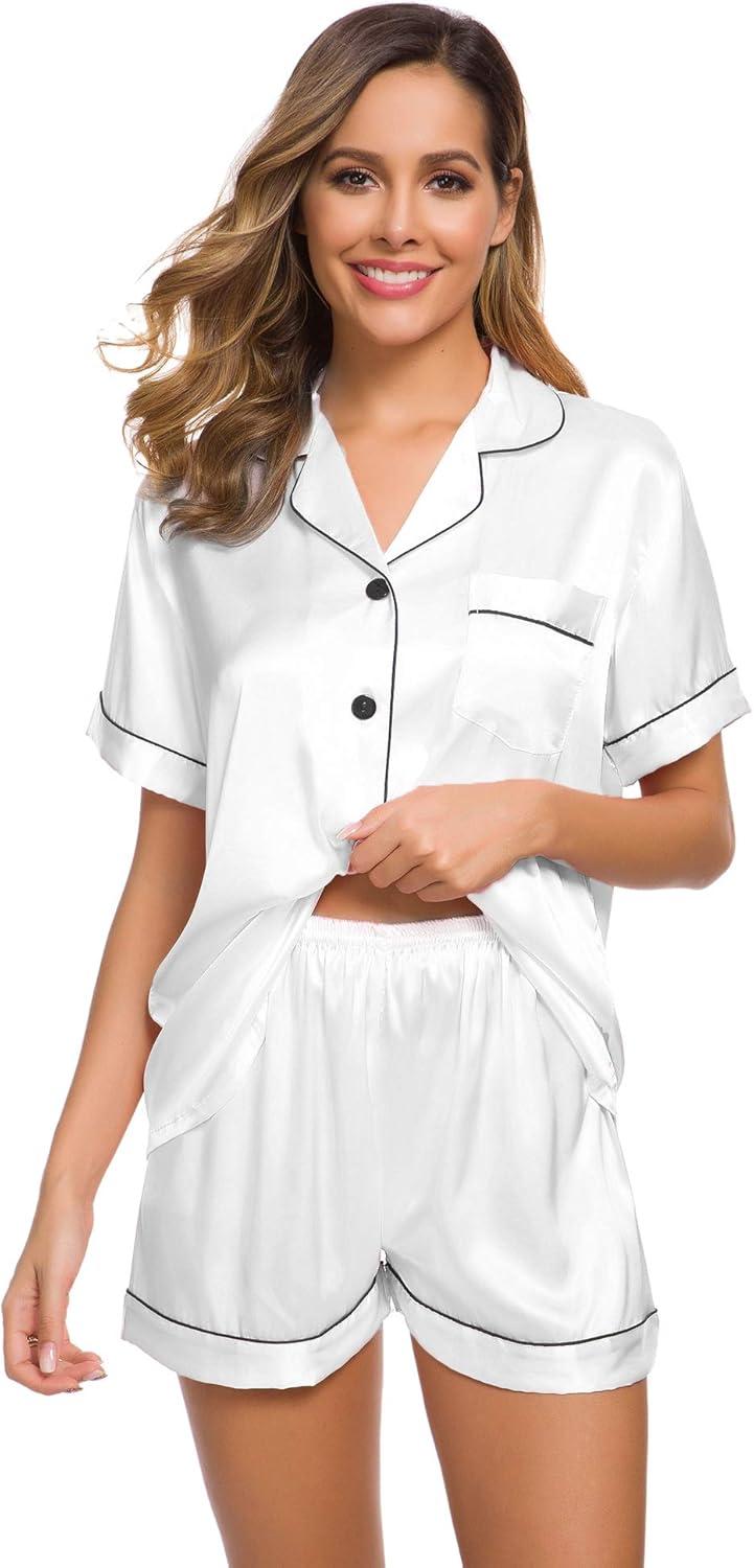 imageSWOMOG Womens Silk Satin Pajamas Set Short Sleeve Sleepwear Button Down Top and Shorts Loungewear 2 Piece Pjs Set XS3XLWhite