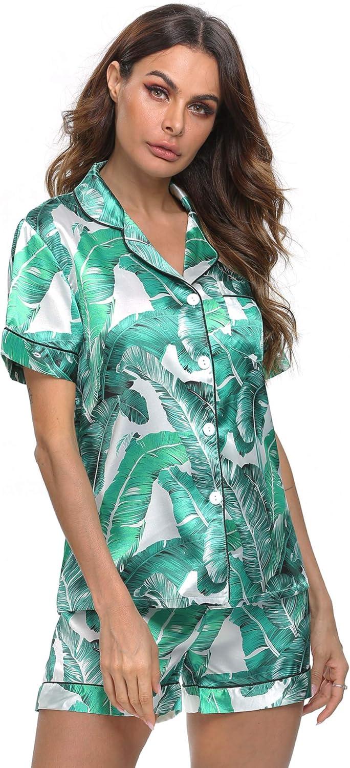 imageSWOMOG Womens Silk Satin Pajamas Set Short Sleeve Sleepwear Button Down Top and Shorts Loungewear 2 Piece Pjs Set XS3XLWhite Leaves