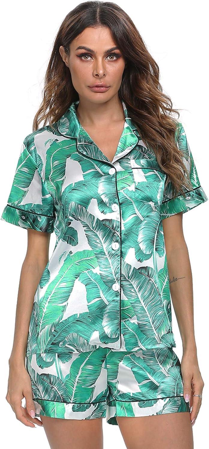 imageSWOMOG Womens Silk Satin Pajamas Set Short Sleeve Sleepwear Button Down Top and Shorts Loungewear 2 Piece Pjs Set XS3XLWhite Leaves
