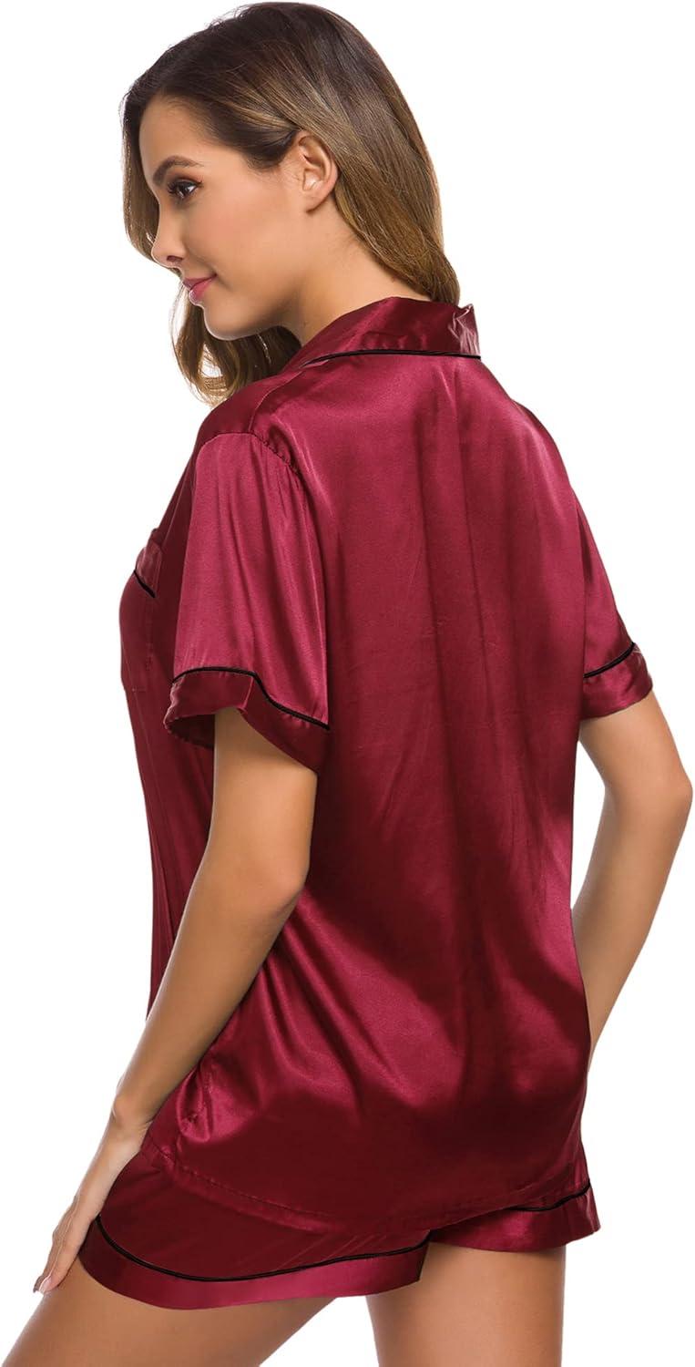 imageSWOMOG Womens Silk Satin Pajamas Set Short Sleeve Sleepwear Button Down Top and Shorts Loungewear 2 Piece Pjs Set XS3XLWine Red