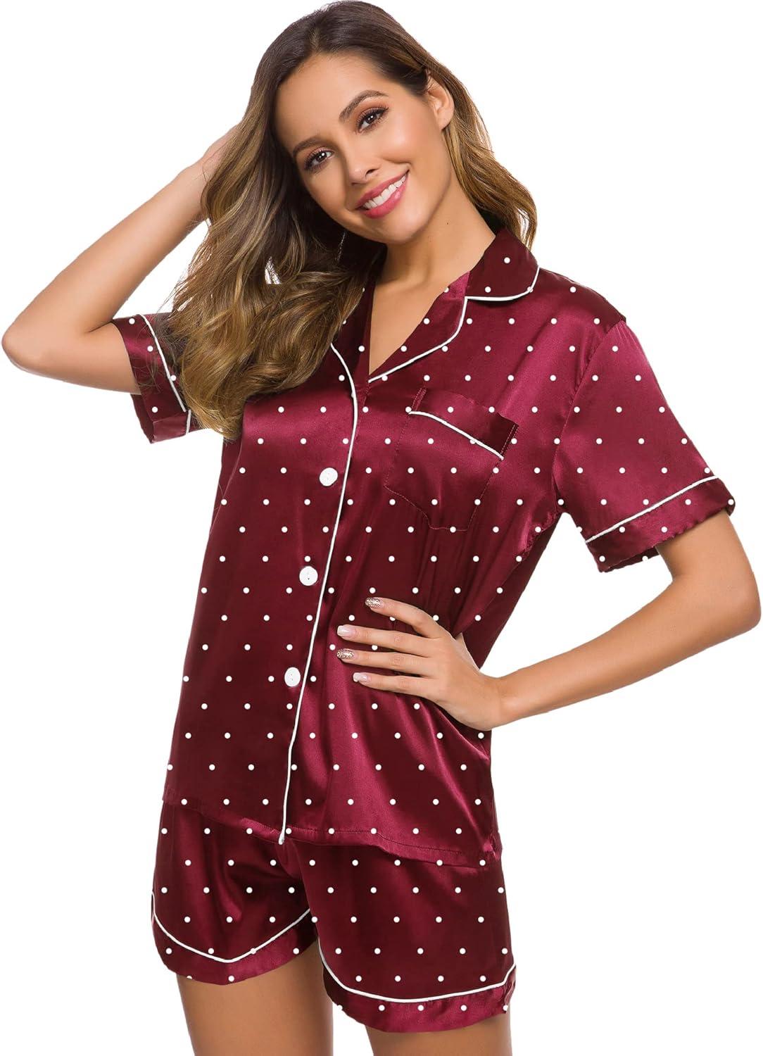 imageSWOMOG Womens Silk Satin Pajamas Set Short Sleeve Sleepwear Button Down Top and Shorts Loungewear 2 Piece Pjs Set XS3XLWine Red Dots