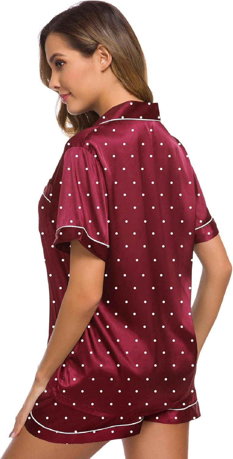 imageSWOMOG Womens Silk Satin Pajamas Set Short Sleeve Sleepwear Button Down Top and Shorts Loungewear 2 Piece Pjs Set XS3XLWine Red Dots