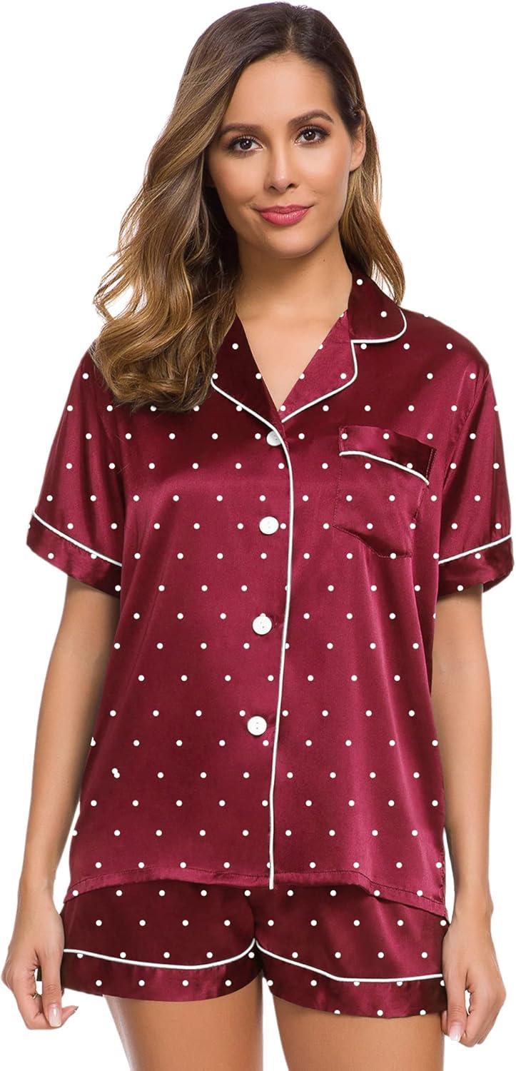 imageSWOMOG Womens Silk Satin Pajamas Set Short Sleeve Sleepwear Button Down Top and Shorts Loungewear 2 Piece Pjs Set XS3XLWine Red Dots