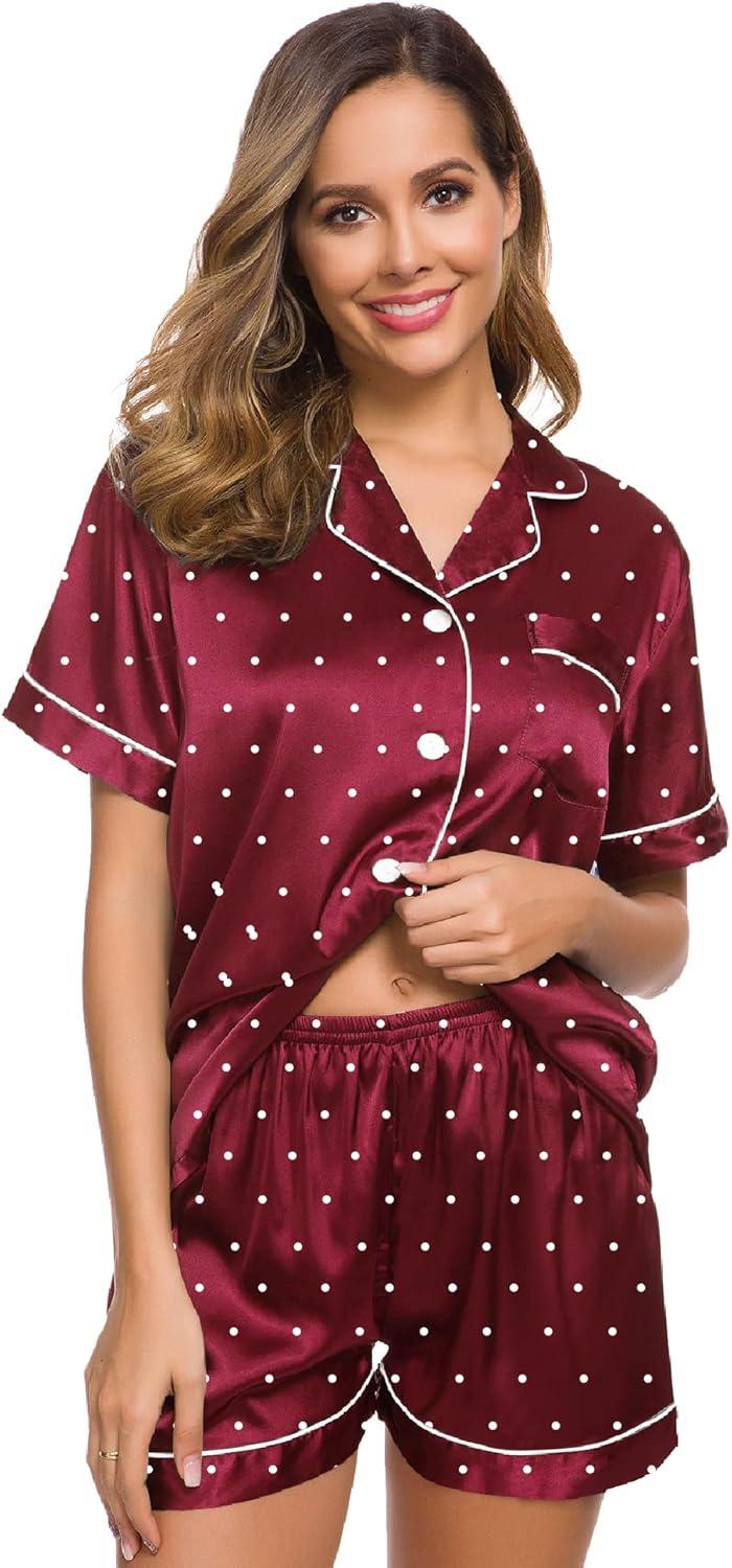 imageSWOMOG Womens Silk Satin Pajamas Set Short Sleeve Sleepwear Button Down Top and Shorts Loungewear 2 Piece Pjs Set XS3XLWine Red Dots