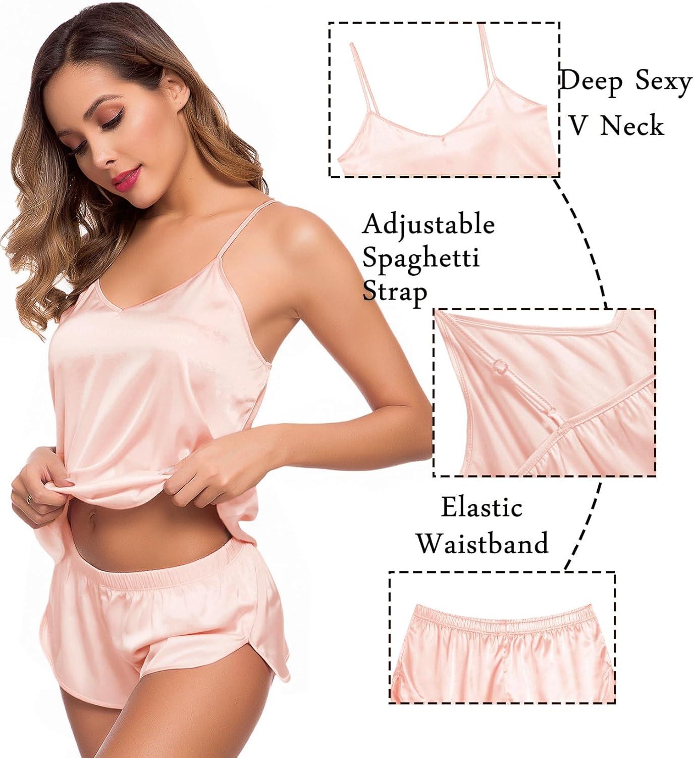 imageSWOMOG Womens Silk Satin Pajamas Sets 4pcs Sleepwear Sexy Cami Shorts Set and Button Down Short Sleeve Pjs LoungewearBlush Pink