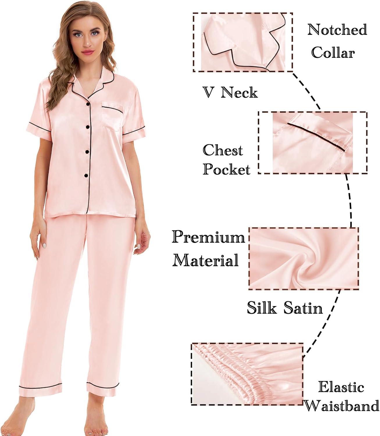 imageSWOMOG Womens Silk Satin Pajamas Sets 4pcs Sleepwear Sexy Cami Shorts Set and Button Down Short Sleeve Pjs LoungewearBlush Pink