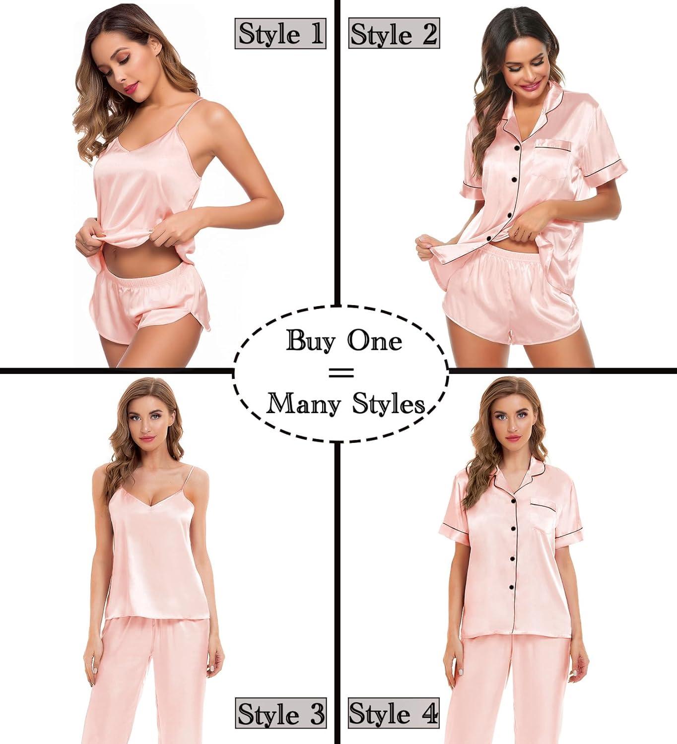 imageSWOMOG Womens Silk Satin Pajamas Sets 4pcs Sleepwear Sexy Cami Shorts Set and Button Down Short Sleeve Pjs LoungewearBlush Pink